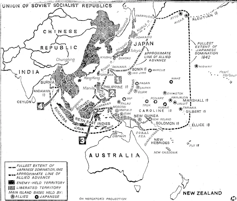 The limits of Japanese conquest and the extent, of the Allied advances. The numbers indicate the principal Allied offensives: (I) in the Riukiu Islands, near Japan proper: (2) in the Philippines: (3) on T a rah an Island, off Borneo; and (4) south-east Burma. The area ' of China shown as enemy-held is largely conjectural. (Evening Post, 19 May 1945)