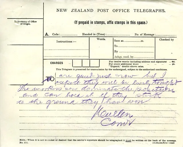 Waihi Strike Telegrams from Police Commissioner John Cullen, 9 November 1912 (5 of 5)