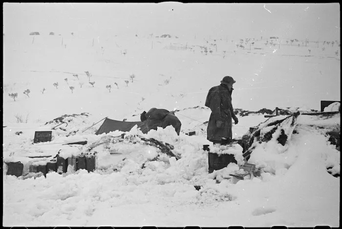 New Zealanders' bivvy buried in snow on the Italian Front, World War II - Photograph taken by George Kaye