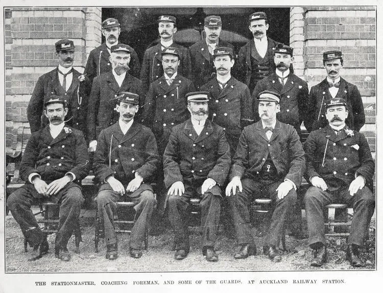 The stationmaster, coaching foreman, and some of the guards, at Auckland Railway Station