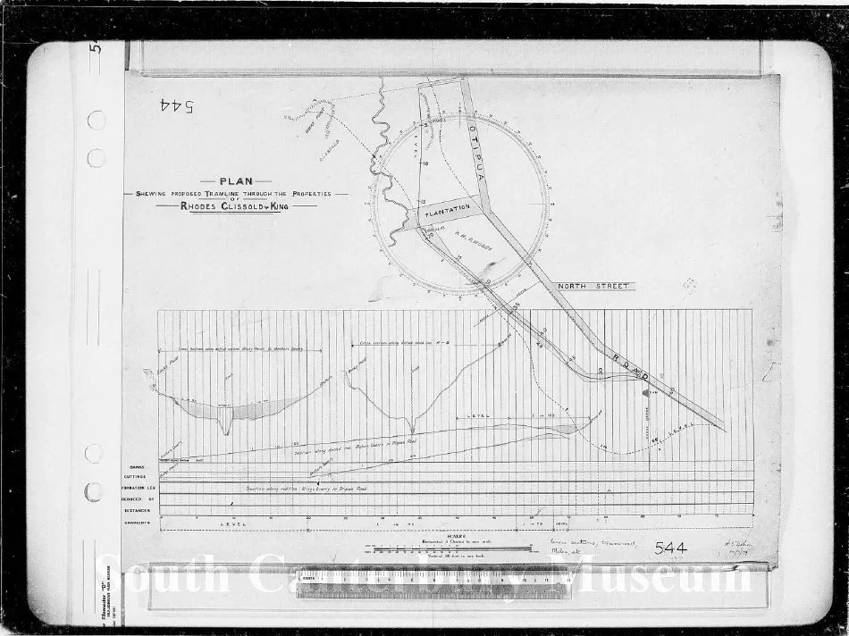 Plan shewing proposed tramline through the properties of Rhodes Clissold & King, Timaru. Plan