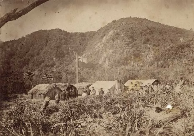 Hoisting the flag at the Bell settlement, 1887