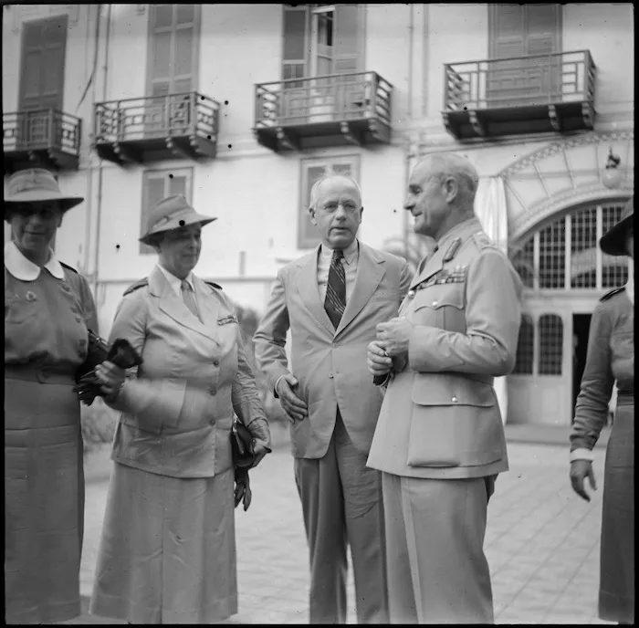 Prime Minister Peter Fraser with Emily May Nutsey and General Wavell at Shepheards Hotel, Cairo