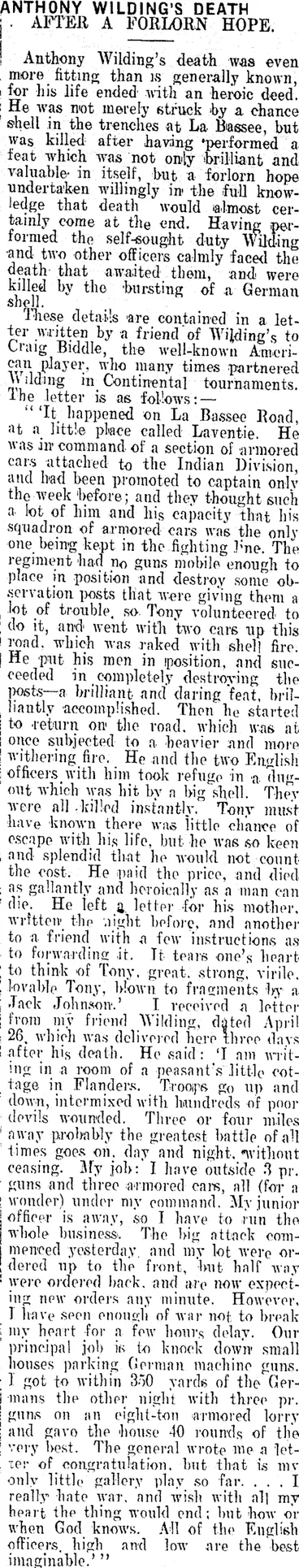 Image: ANTHONY WILDING'S DEATH. (Clutha Leader 17-9-1915)
