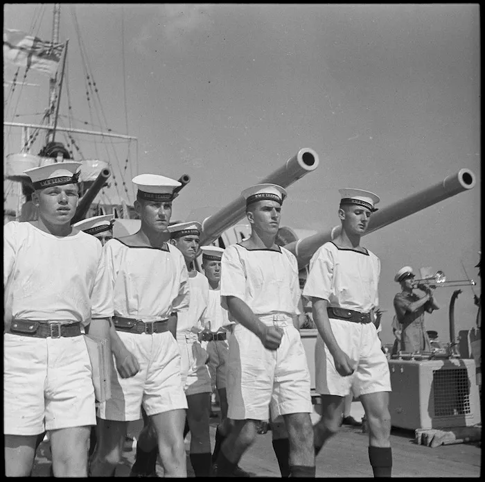 Members of crew of HMS Leander attend church parade