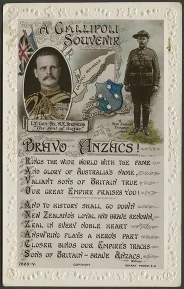 Image: A Gallipoli souvenir. Bravo Anzacs! Lt Gen Sir W R Birdwood, "the soul of Anzac"; The Southern Cross; a New Zealand trooper. Rotary Photographic Series. Printed in Britain [Postcard. ca 1915]