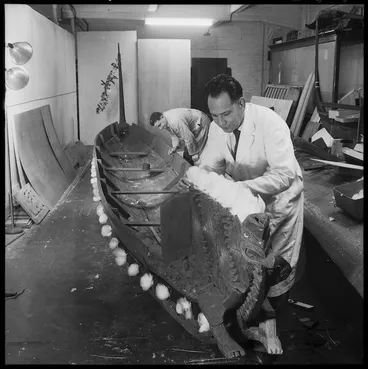 Image: Maori canoe refurbished at Dominion Museum, Wellington, New Zealand