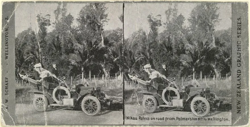 Sterescopic View: Car on road Palmerston North to Wellington