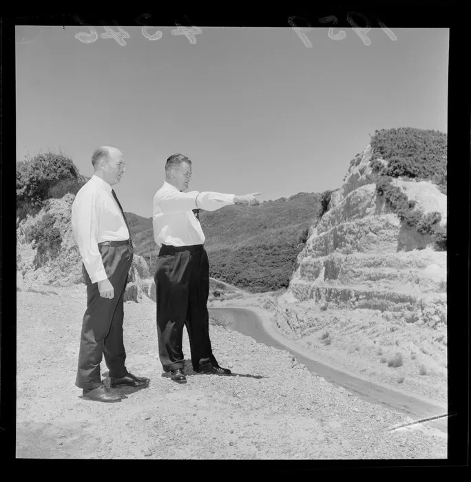 Mr Watt and Mr Moohan on Wainuiomata Hill road, Lower Hutt City, Wellington Region