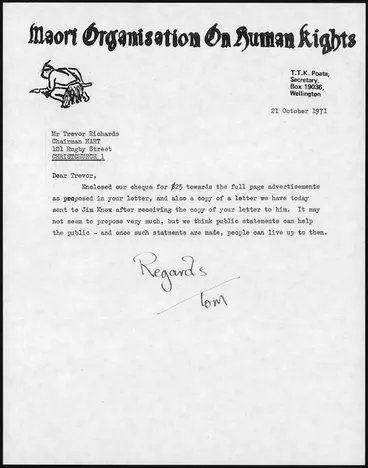 Image: Letter from Tom T K Poata to Trevor Richards