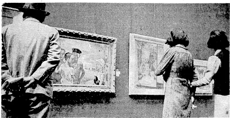 Japanese residents viewing pictures at the fine arts exhibition sponsored by the Education Ministry, and held recently at the Perfectual Fine Arts Gallery at Ueno. These are oils, but the display included – ~ ■■■'■- water colours and statuary (Evening Post, 15 March 1940)
