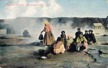Image: Photographic postcard depicting Māori women cooking at Whakarewarewa hot pools