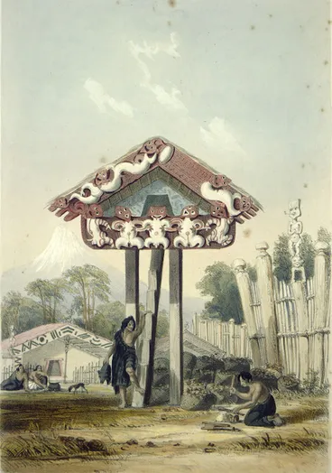 Image: Heaphy, Charles 1820-1881 :Wata or Provision house, at Otumatua on the North shore of Cook's Strait. Drawn by Chas Heaphy Esq.r [1841]. Day & Haghe. London, Smith, Elder [1845]