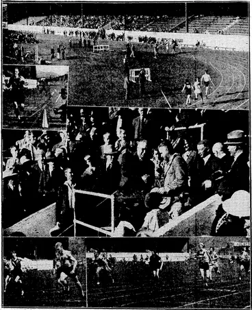 Image: Evening Post" Photo. PROVINCIALATHLETIC(CHAMPIONSHIPSATATHLETICPARK.-^Mop,.t/le inter-dub championship relay race in process Centre, Mr. H D. Bennett.presentmg theA.C.Kitto Shield to Mr. J. Taylor, captain of the Kiwi Athletic cL, wilnerTof the^ompet twnfor the best appearance m opening parades throughout the season. Bottomleft, C. Jenkins (W.) winning the 100-yardschampion, * sV/rom /. ffa^fcort W and;F H' Stephemon (V.). Righf, finish of the,women's 100 yards cliampujnihip, Miss I. Kench (W.) beating Miss M. Lean (H. 8.) andMus A. Gibbs (Wai.). Inset top left, G. Prosser (Athletic) winning the itirte miles clmmpionship well • ' ahead of the field. . ■" , (Evening Post, 29 February 1932)