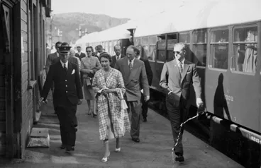 Image: Queen Elizabeth II and HRH Prince Philip at Kaitoke station, 1954