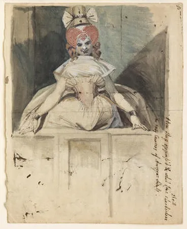 Image: A Woman on a balcony with high dressed hair and hat