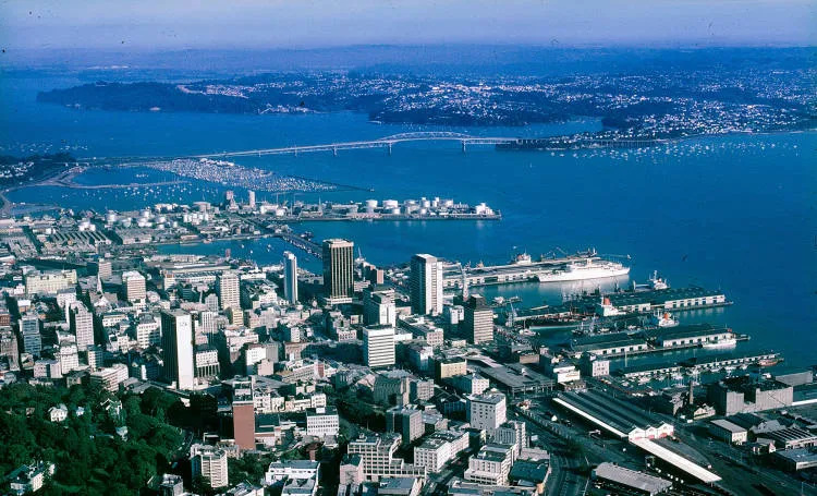Auckland waterfront and Harbour Bridge, 1982