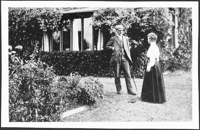 Dr and Mrs Truby King in the garden of their Seacliff residence, Dunedin