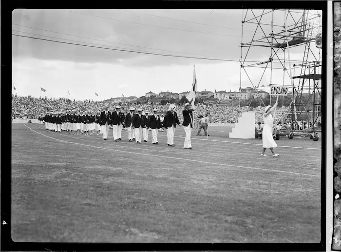 English team at the 1950 British Empire Games opening, Eden Park, Auckland