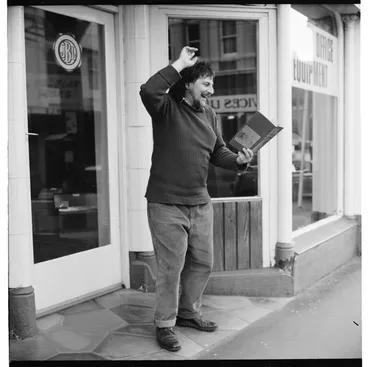 Image: A man reading from Sam Hunt's book "A time to ride;" and, a Christmas picnic in the Greytown Memorial Park
