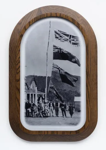 Image: Kōtahitanga, Maungapōhatu (1908). Rua Kenana’s followers with 4 flags flying outside his residence. Top flag confiscated by police in 1916. It reads, “Two races, One People, Equal Rights”. Whakatāne Museum Photographic Archive–P10737. Photographer George Bourne, Auckland Weekly News