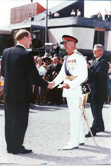 Image: Fletcher Construction Co Ltd: 1963 Sir Bernard Ferguson shakes hands with Fletcher Project [Lyttelton Road Tunnel] Manager Jack [John G] Smith