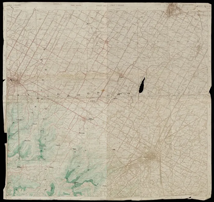 [New Zealand. Army. 2nd NZEF. 2nd Division] :[Map of area of operations in north Italy, Faenza to Imola] [map with ms annotations]. [1944-5]. Base maps - 4 sheets probably from 'GSGS 4228 Italy 1;25 000' series published by War Office. Includes sheets 'Imola' sheet 88 II SW and 'Lugo' sheet 88 II SE.