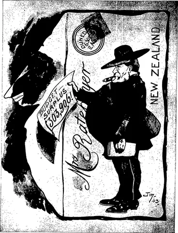 Image: BLOWING HIS OWN TRUMPET, OR MR SEDDON'S RED LETTER DAY. The postmen are now instructed to sound a note of warning on a Government whistle—when  nearing your house. (Otago Witness, 19 August 1903)