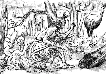 Image: Starting forth from Wharehoa, Earth to hunt tlie wily moa;  Christinas turkey in their eye, ���Both resolved to do or die. (Observer, 02 November 1892)