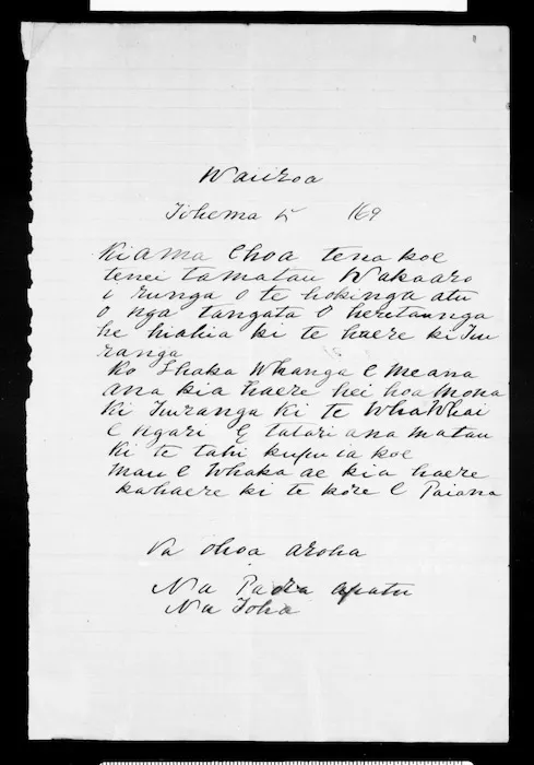 Letter from Paora Apatu, Toha to McLean