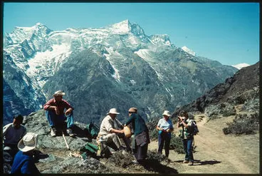 Image: [Sir Edmund Hillary, Lady June Hillary  hiking rest stop, Nepal]