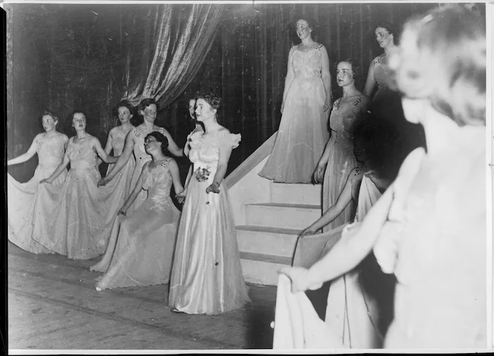 Members of the New Zealand Women's Army Auxiliary Corps on stage during a command performance before the King of Egypt in Cairo, Egypt