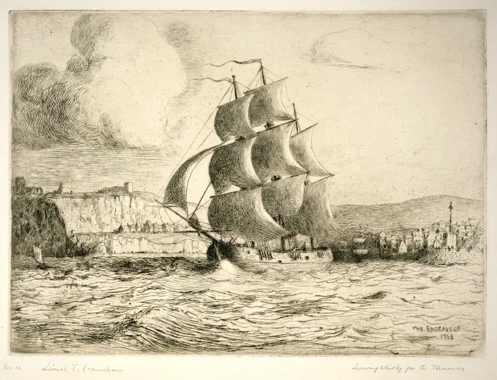 Crawshaw, Lionel Townsend, 1864-1949 :The Endeavour [leaving Whitby for the Thames]. 1768. [ca 1910?].
