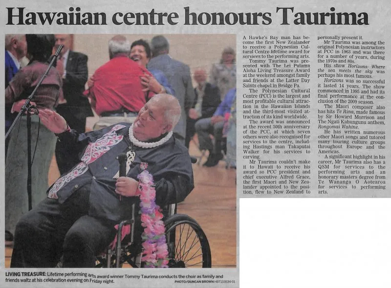 Newspaper Article 2013 – Hawaiian centre honours Taurima (Hawke's Bay Today)