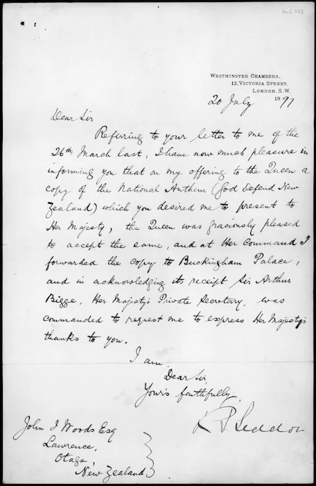 Letter from Richard John Seddon to John Joseph Woods