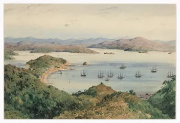 Image: Old Russell from Flagstaff Hill with fleet of American whalers in harbour