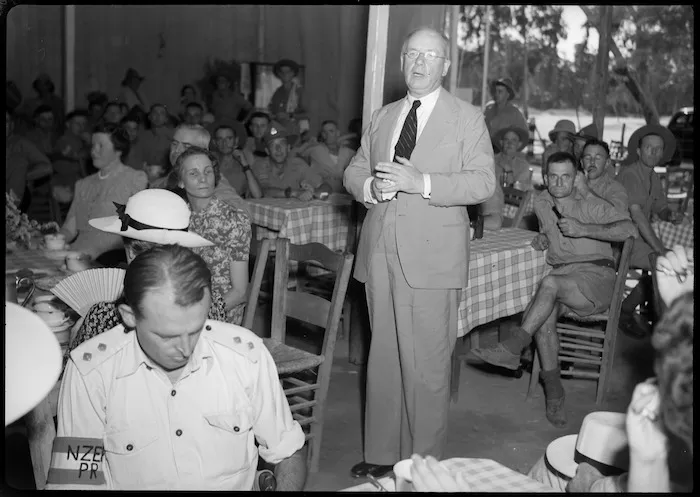 Prime Minister Peter Fraser talks at afternoon tea, Egypt