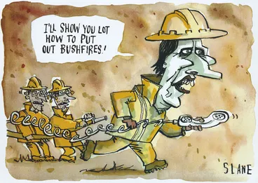 Image: Slane, Christopher, 1957-: I'll show you lot how to put out bushfires! New Zealand Listener, 19 January 2002.