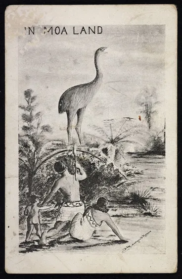Image: Norris, Frank Marryat, 1863-1945 :In Moa Land [Postcard. ca 1900-1908?]