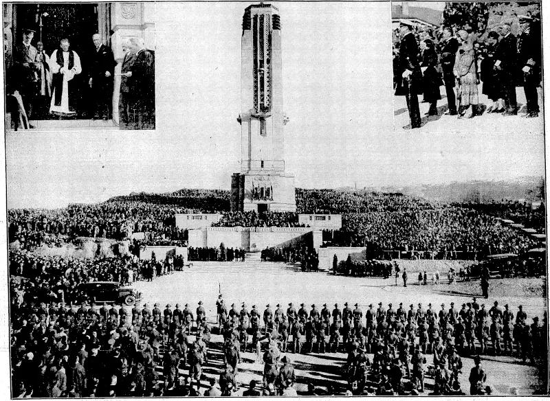 Evening. Post" Photo,. ' . > CONSECRATION OF THE NATIONAL WAR MEMORIAL CARILLON.—In the presence of the Governor-General and* Lady Bledisloe and a vast concourse of people, the Right Rev. the Bishop of Wellington, Dr. T. H. Sprott, performed the ceremony of consecrating the National /T _ S War Memorial Carillon "on-the Buckle street frontage of Mount Cook, and Lord Bledisloe accepted the Memorial on behalf of the nation. Top left; the Bishop of Wellington consecrpting the tower and carillon. Top right, Lady Bledisloe. (in centre), the Mayor, and Mrs,. ' , N ' Hislop, Mr. and Mis. H. D. Bennett, and naval officers.' , < * . -.•':. (Evening Post, 26 April 1932)