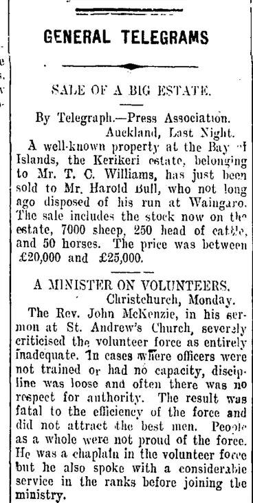 Image: GENERAL TELEGRAMS (Taranaki Daily News 7-12-1909)