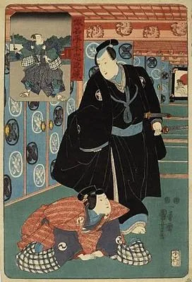 Actors Ichimura Uzaemon XII as Oboshi Yuranosuke, and Iwai Kumesaburo III as Oboshi Rikiya Yoshikane