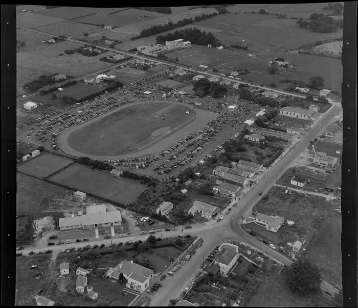 Waipu, Whangarei District, Northland, showing people and cars at Caledonian Park during Waipu Centennial celebrations