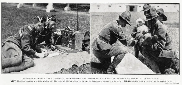 Weekend bivouac at the Addington Showgrounds for technical units of the territorial forces at Christchurch