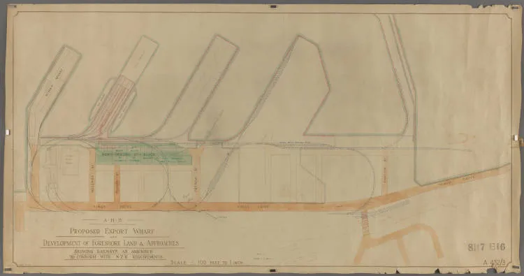 A. H. B. proposed export wharf and development of foreshore land and approaches showing railways as amended to conform with N. Z. R. requirements