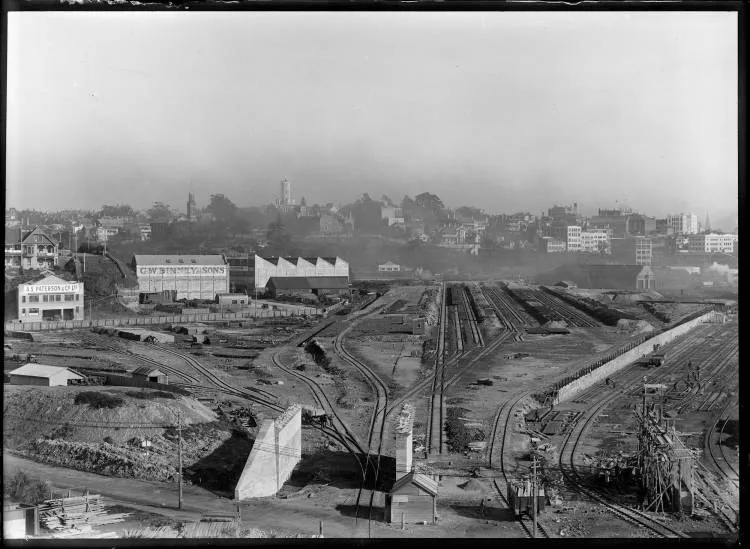 Railway yards on reclaimed land in Mechanics Bay, 1926