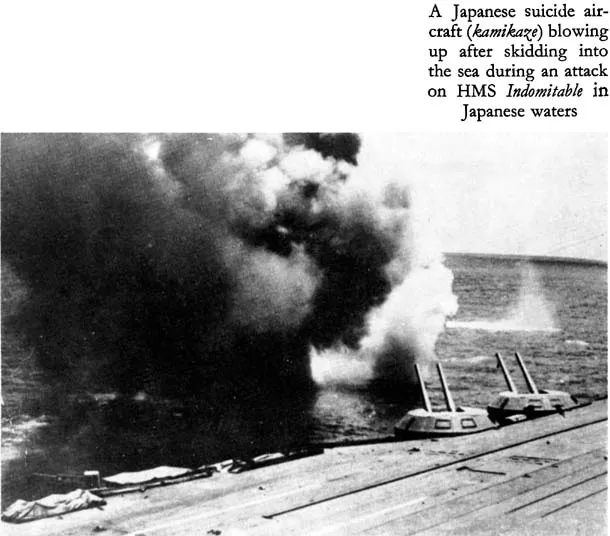 A Japanese suicide aircraft (kamikaze) blowing up after skidding into the sea during an attack on HMS Indomitable in Japanese waters