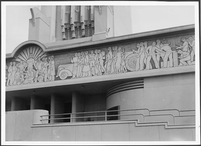 Bas relief frieze on building, New Zealand Centennial Exhibition