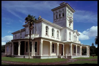 Monte Cecilia (1877-89), Hillsborough, Auckland, by Thomas Mahoney. Originally called The Pah, this house was built on a stone base with plastered brick walls. It displays many fashionable Italianate features, making much of round-headed windows with keystones.
