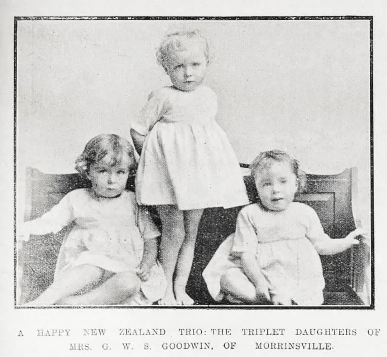 A happy New Zealand trio: the triplet daughters of Mrs. G. W. S. Goodwin, of Morrinsville